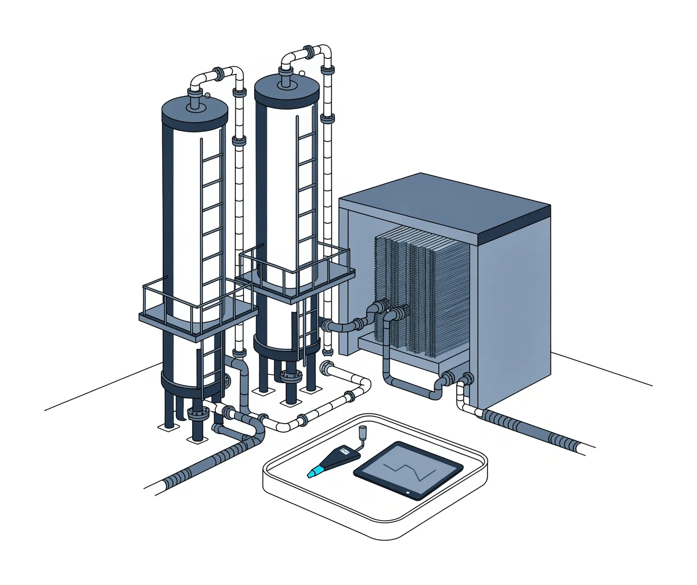 Two adsorber vessels piped to a cold box with a plate-fin heat exchanger, and an inspection case with an ultrasonic thickness gauge and a tablet