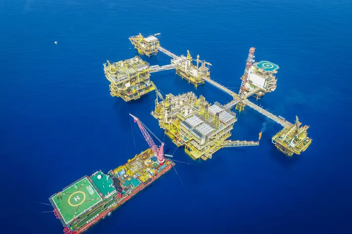 Aerial view of an offshore production platform complex