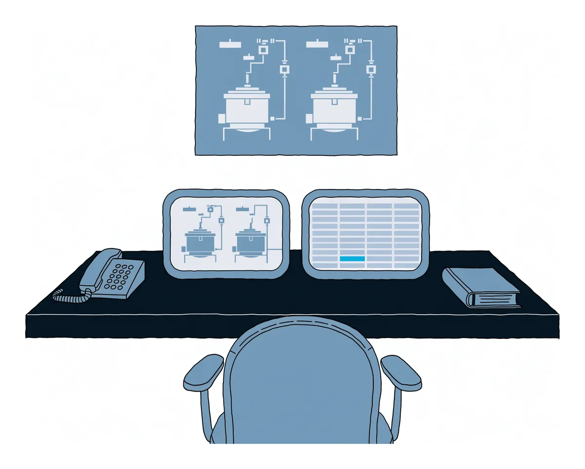 Windowless control room: wall display and console screens showing two jacketed batch reactors, and an alarm list with one alarm highlighted low in the list