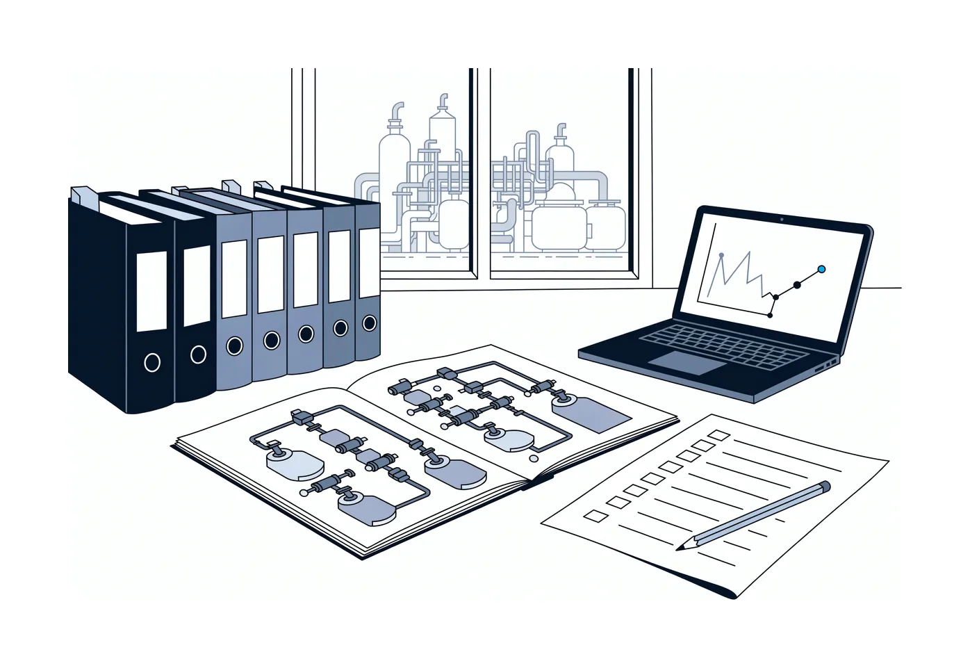 Engineer's desk with management system binders, a piping and instrumentation diagram, a laptop showing a chart and a checklist, with a process plant through the window